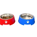 Red and Blue Pet Feeding Bowls With Stainless Steel Interior And Paw Print Design