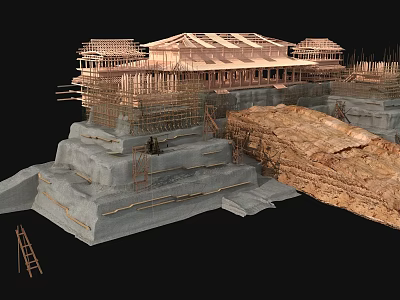 Cartoon Scene Of Ancient Building Construction With Scaffolding Stone Steps And Wooden Structure 3d model