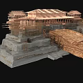 Cartoon Scene Of Ancient Building Construction With Scaffolding Stone Steps And Wooden Structure