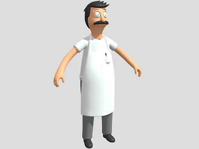 Cartoon Style Game Movie Character With White Apron Stethoscope And Mustache 3d model