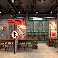 Vibrant Hotpot Restaurant Interior With Wooden Tables Brick Walls And Neon Signs