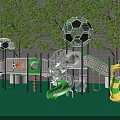 Kindergarten Outdoor Playground With Green Floor Soccer Ball Shaped Structures Slides And Trees