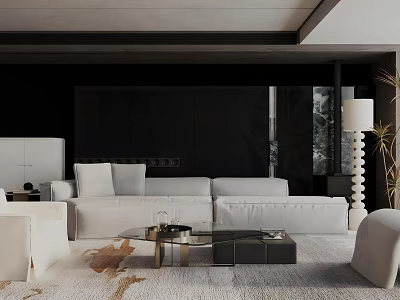 Modern Living Room Interior Design With White Sofa Black Accent Wall Large Windows And Floor Lamp 3d model