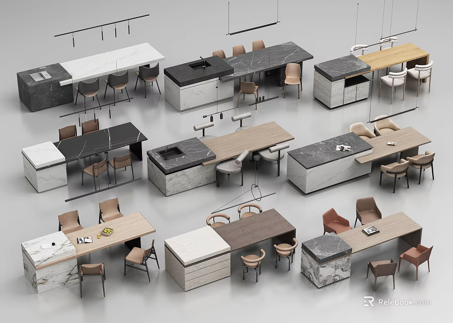 Stylish Modern Sideboard Designs With Marble Tops And Dining Chairs 3d model 