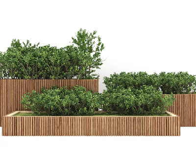 Lush Green Bonsai Potted Plants in Wooden Planters for Garden Decoration 3d model