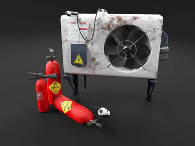 Fire Equipment Including Red Fire Extinguisher And Industrial Ventilator With Metal Casing And Warning Labels 3d model