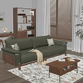 Vintage Green Leather Sofa And Solid Wood Coffee Table Set For Cozy Modern Living Room
