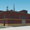 Fire Station Brick Building with Arch Entrances Red Fire Truck Parking Lot and Roof Antennas