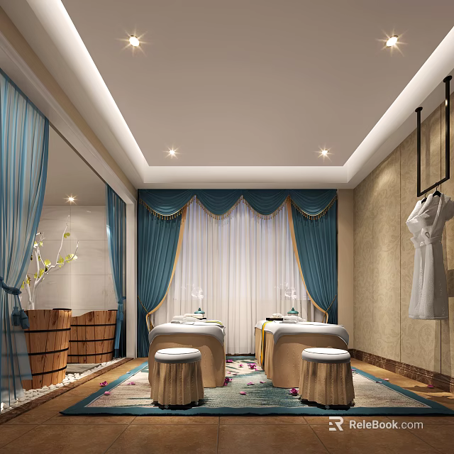 Luxurious SPA Sauna Room With Massage Beds Curtains And Wooden Barrels 3d model 
