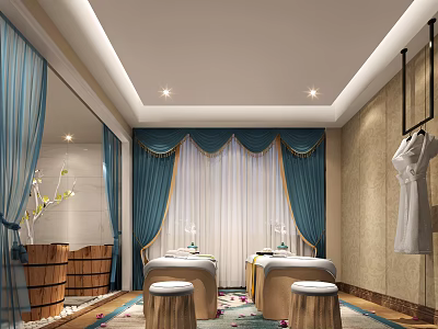 Luxurious SPA Sauna Room With Massage Beds Curtains And Wooden Barrels 3d model