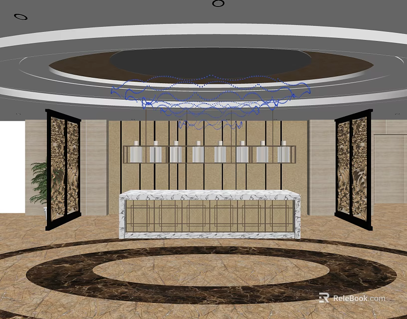 Hotel Lobby Interior Featuring Circular Ceiling Marble Reception Desk Circular Patterned Flooring And Green Plants 3d model