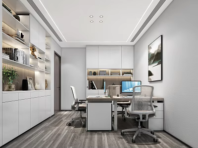 Modern Office Interior Design With White Cabinets Bookshelves Books Decor Desks Chairs Computers Landscape Painting 3d model