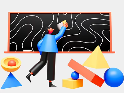 Man Drawing Curved Lines On Blackboard With Surrounding Colorful Geometric Shapes 3d model