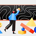 Man Drawing Curved Lines On Blackboard With Surrounding Colorful Geometric Shapes