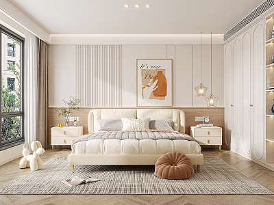 Modern Minimalist Bedroom Interior Design With Beige Bed Nightstands Artwork And Pendant Lights 3d model