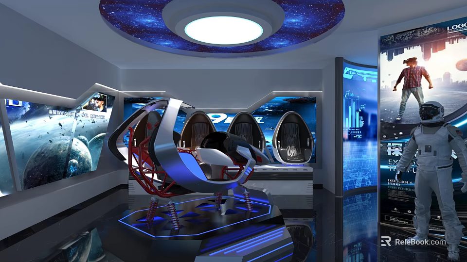 Futuristic Tech Experience Room With Curved Screens Starry Ceiling And Interactive Chairs 3d model