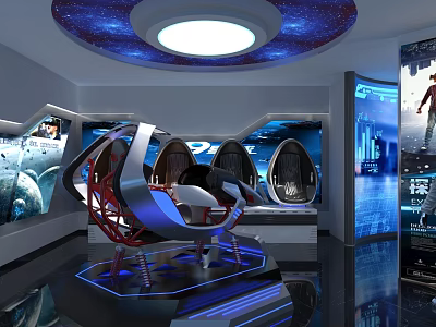 Futuristic Tech Experience Room With Curved Screens Starry Ceiling And Interactive Chairs 3d model