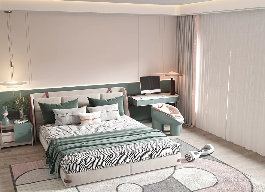 Modern children's bed with green white bedding nightstand desk and patterned rug 3d model 
