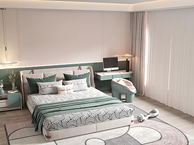 Modern children's bed with green white bedding nightstand desk and patterned rug 3d model