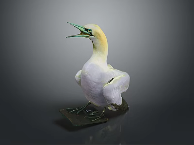 White Bird With Yellow Head Green Beak And Open Mouth Standing On Base 3d model