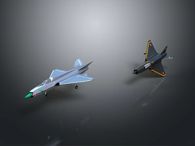 Two Airplane Models In Distinct Colors And Unique Designs Displayed On Dark Surface 3d model
