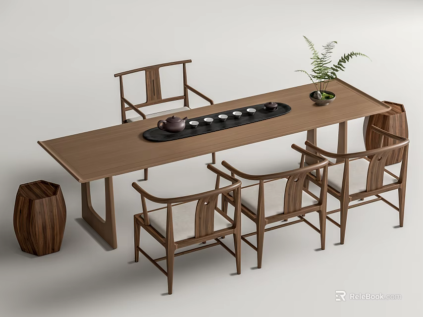 Wooden Tea Table And Chairs In Traditional Style With Tea Set And Green Plant 3d model 