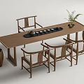 Wooden Tea Table And Chairs In Traditional Style With Tea Set And Green Plant