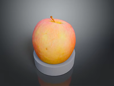 Fresh Ripe Red and Yellow Apple on White Circular Base Against Dark Background 3d model
