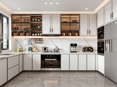 Modern Kitchen Interior With White Cabinets Marble Countertop Glass Front Cabinets And Appliances 3d model