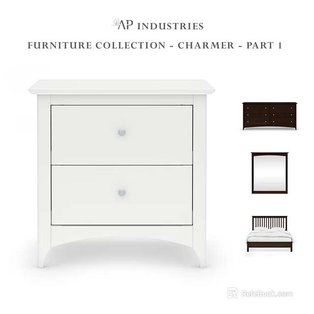White Charmer Furniture Collection Dresser With Two Drawers And Round Knobs 3d model 