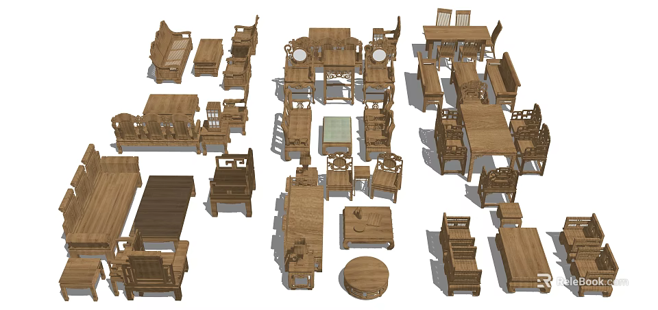 Wooden Sofa And Coffee Table Set In Living Room Interior With Matching Chairs And Tables 3d model 