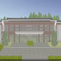 Traditional Chinese Building Exterior With Glass Windows Greenery And People