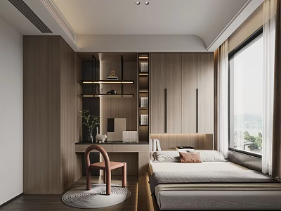 Modern Tatami Bedroom Interior Design With Wooden Storage And Window Nook Setup 3d model