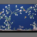 Botanical Painting Featuring Blue Background White Flowers Green Foliage and Colorful Birds on Rock Base