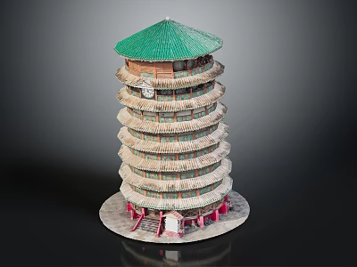 Traditional Multi Layered Pagoda With Green Roof Red Stairs And Circular Base Design 3d model