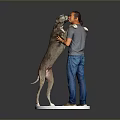 Man With Large Dog Standing And Hugging Its Front Legs On White Platform Gray Background