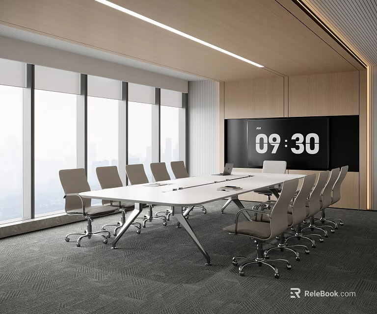 Modern Meeting Room With Large Windows Long Table Ergonomic Chairs And Digital Clock 3d model 