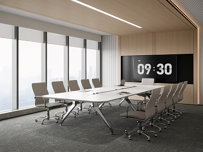 Modern Meeting Room With Large Windows Long Table Ergonomic Chairs And Digital Clock 3d model