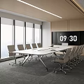 Modern Meeting Room With Large Windows Long Table Ergonomic Chairs And Digital Clock