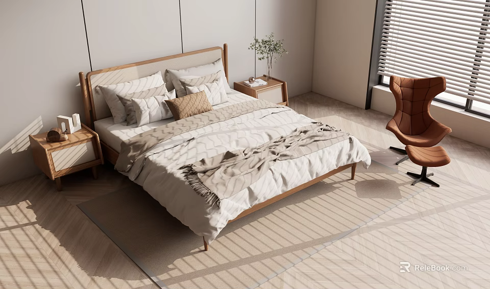 Double Bed With Wooden Headboard White Bedding Nightstands Accent Chair And Natural Light 3d model 