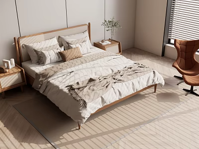 Double Bed With Wooden Headboard White Bedding Nightstands Accent Chair And Natural Light 3d model