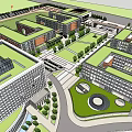 Modern School Buildings Architectural Design With Greenery And Students On Campus Plaza