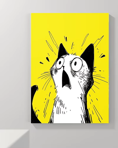 Black and White Cat Surprised Expression Animal Painting With Yellow Background And Dynamic Lines 3d model