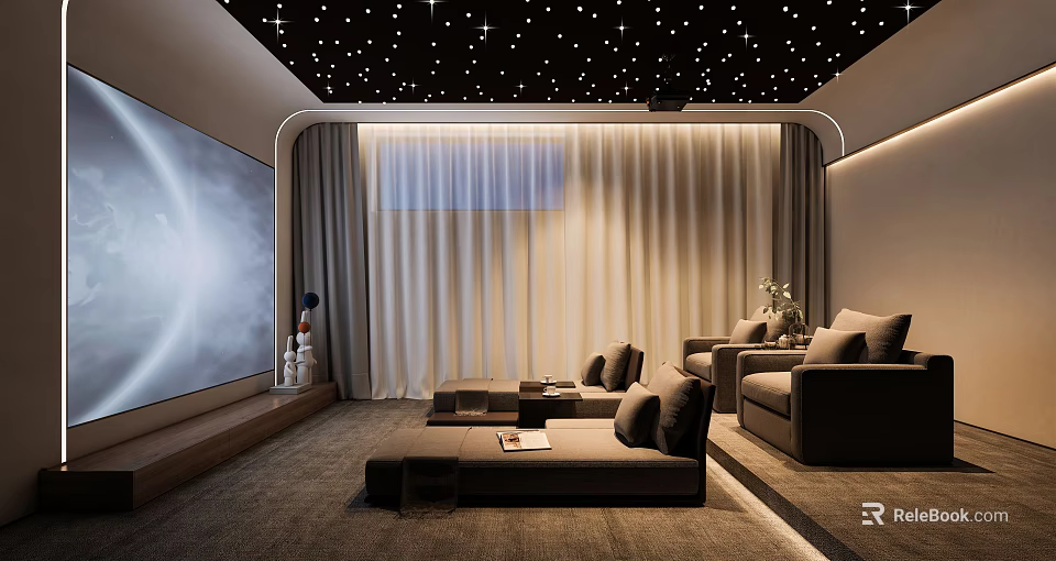 Modern Home Theater Room With Large Screen Comfortable Sofas And Starry Ceiling 3d model 
