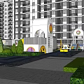 Garden Landscape With Green Lawn Colorful Balloons Children Playing Leisure Steps And Modern Building