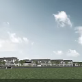 Modern Townhouses Exterior With Green Lawn Trees Distant Mountains And Blue Sky