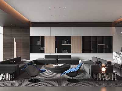 Modern Living and Dining Room Interior With Gray Sofa Coffee Table And Wooden Cabinets 3d model
