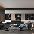 Modern Living and Dining Room Interior With Gray Sofa Coffee Table And Wooden Cabinets