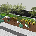 Modern Park Landscape With Yellow Benches People Dog Trees Green Plants And Wooden Walkway