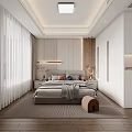 Modern Bedroom With White Cabinets Bedside Pendant Lights Pillows Throw Blanket Ottomans Curtains And Rug